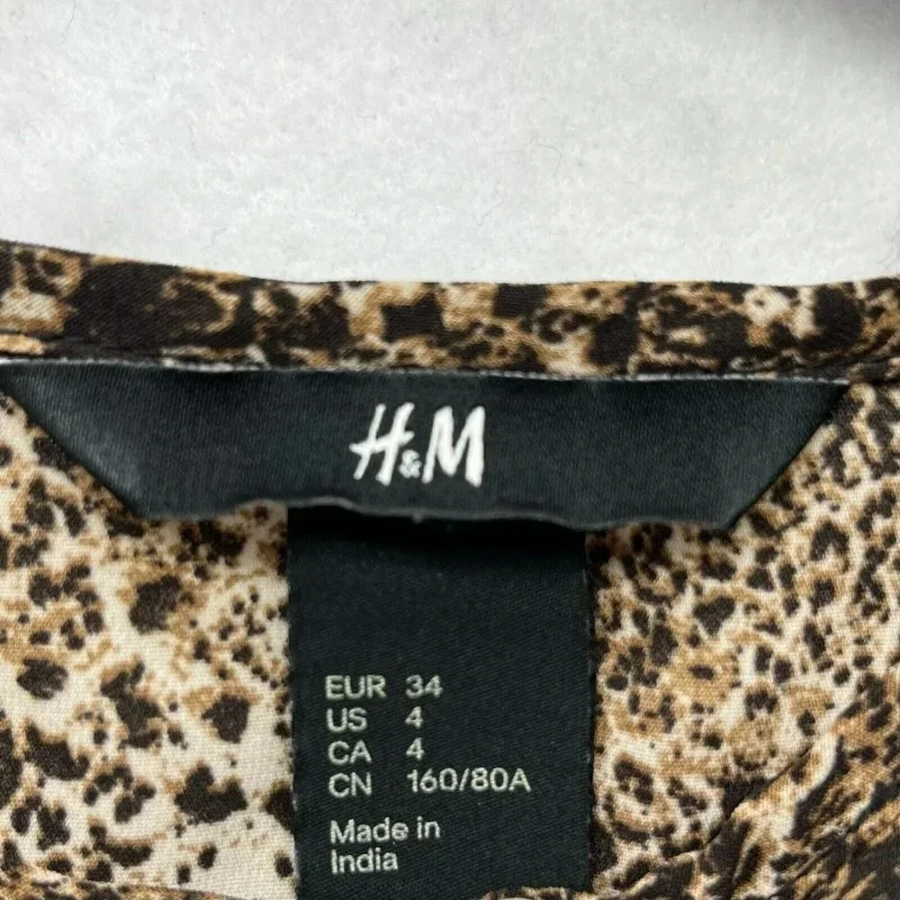 H&M Mini Dress Women's Sz 4 Brown Snake Print 3/4 Sleeve Scoop Neck Tie Waist - Picture 8 of 11